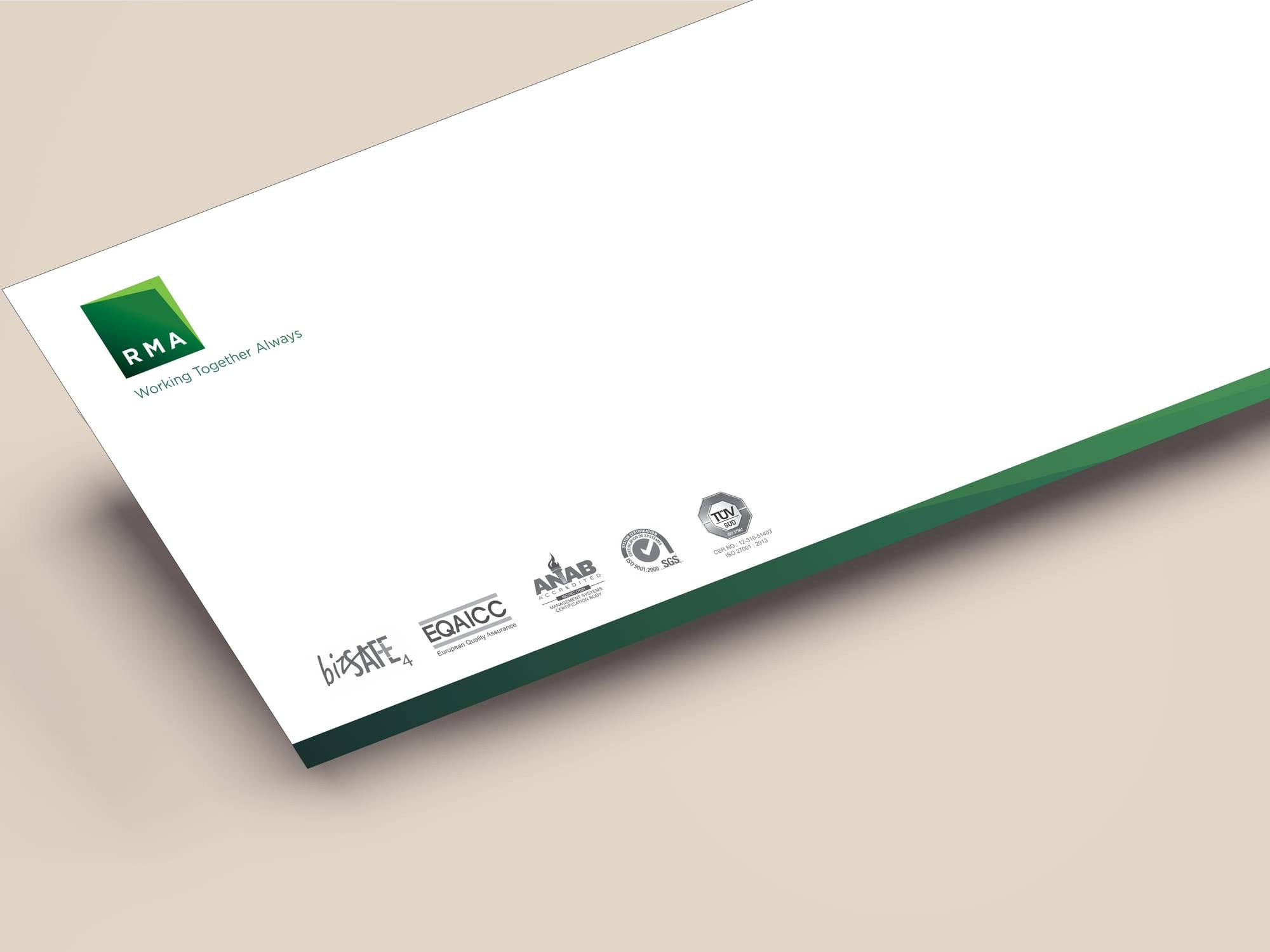 White RMA envelope with a green logo, the words Working Together Always and a green edge
