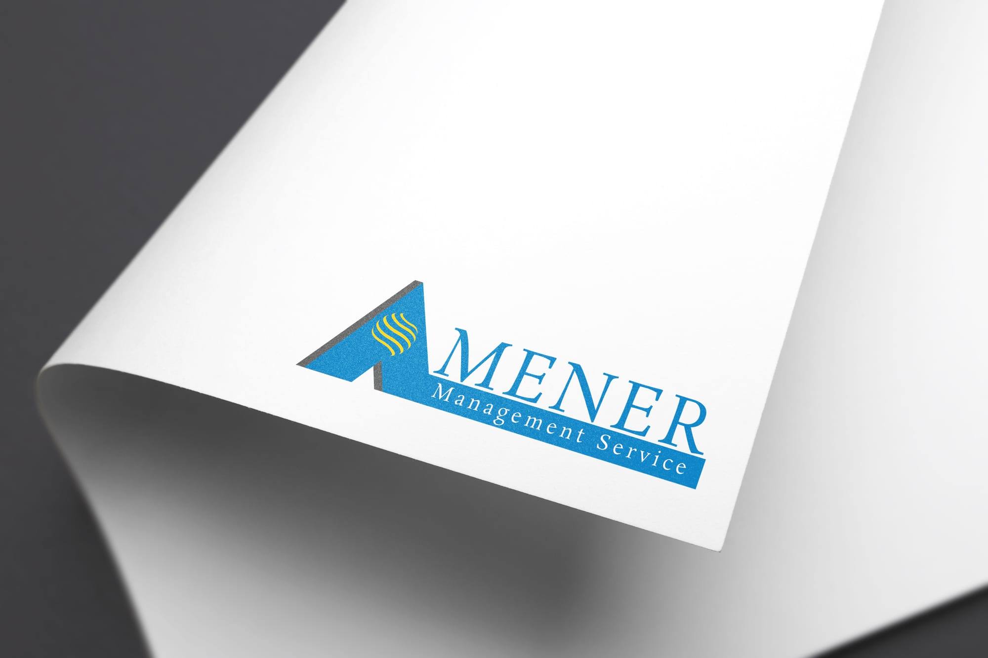 Amener Management Service logo in blue on a curled white sheet