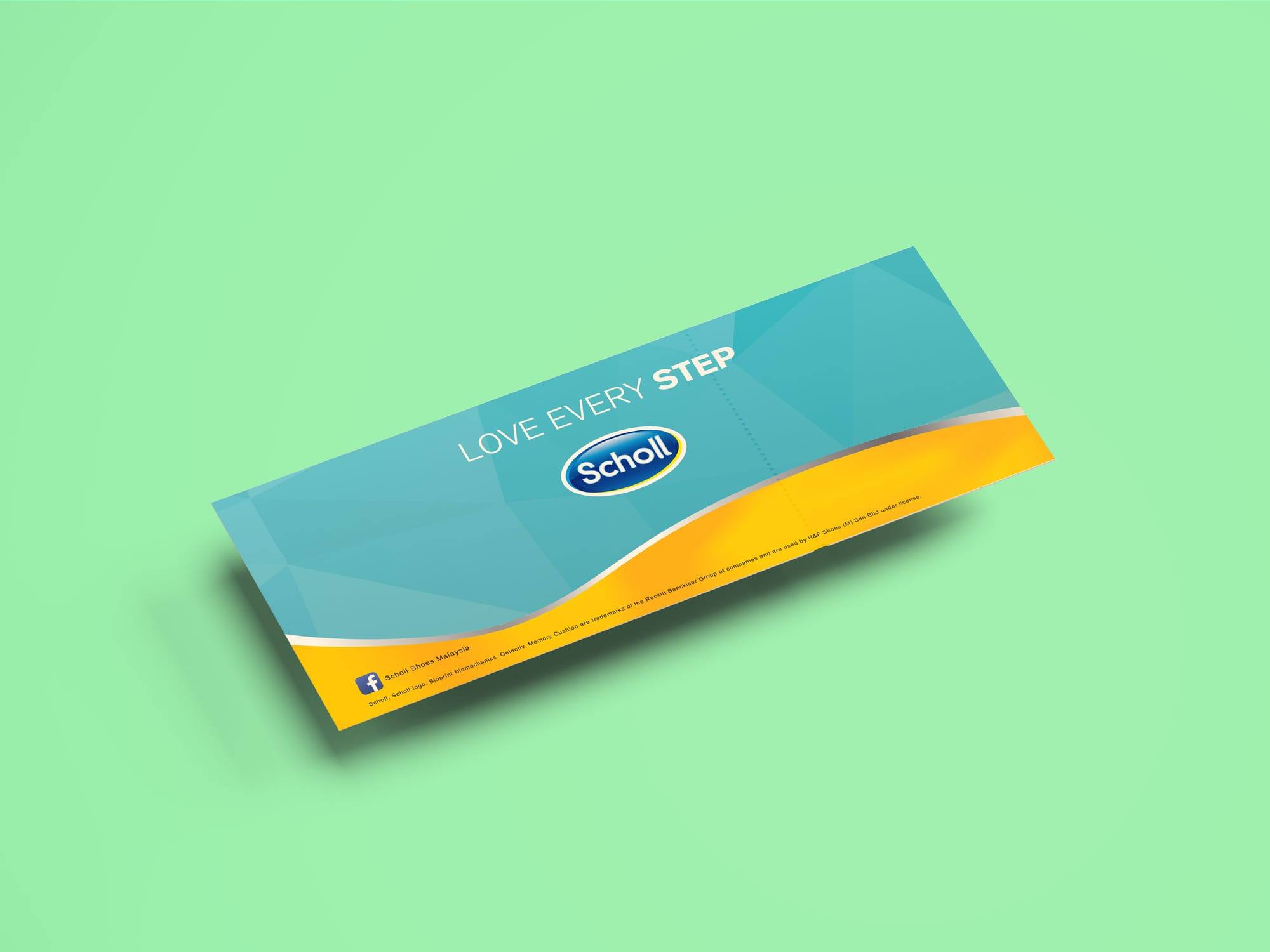 Long Scholl voucher in teal and yellow with the words Love Every Step
