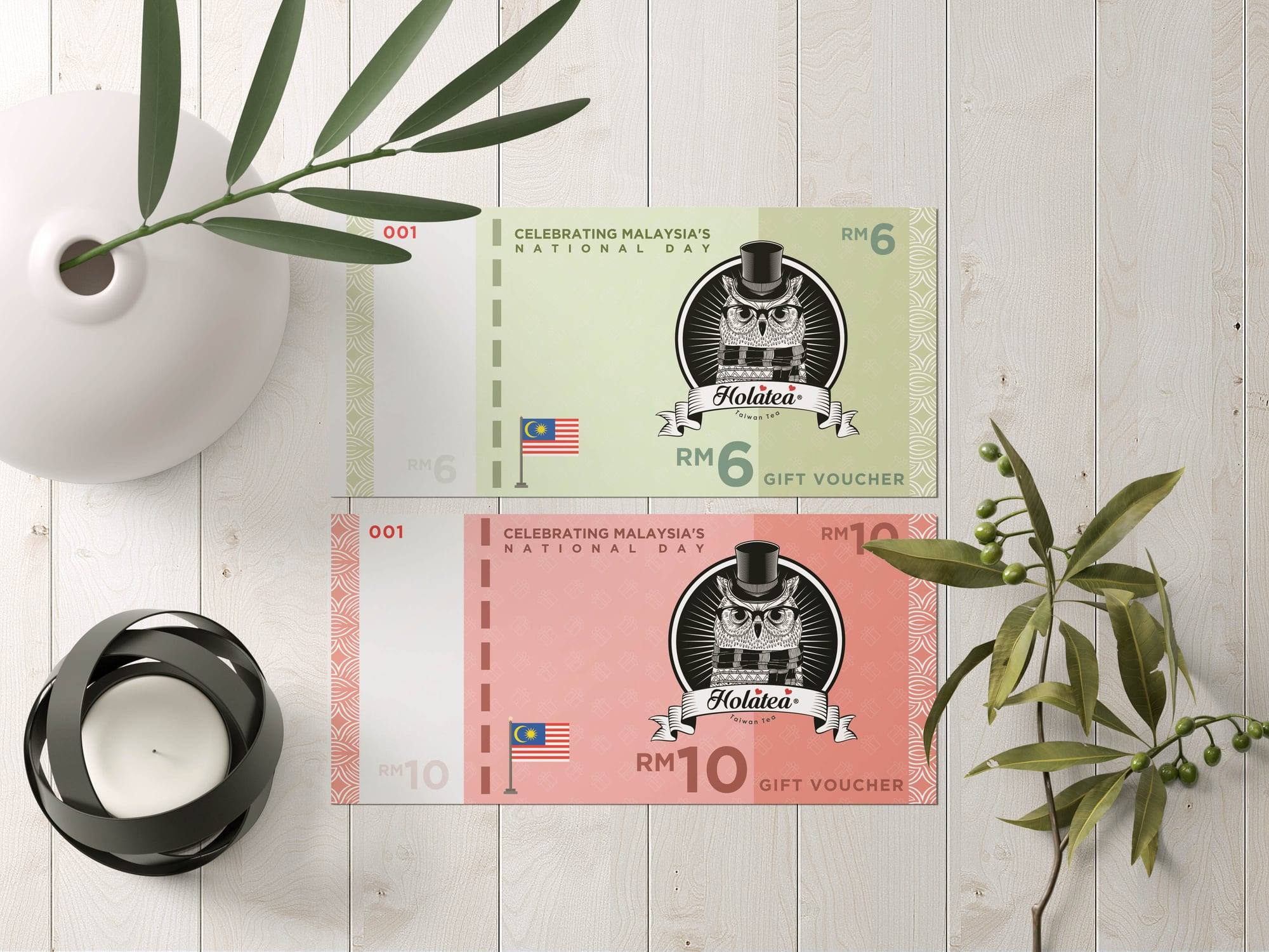 Two Holatea National Day gift vouchers in green and pink, with an owl logo